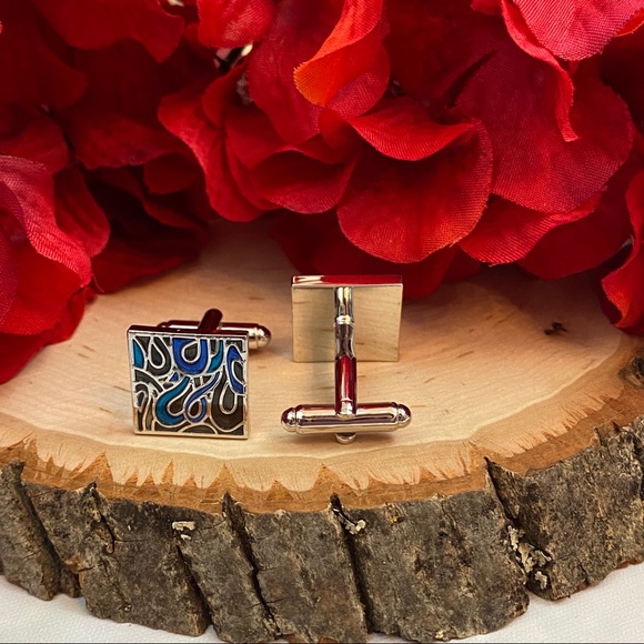 Black Blue and Silver Abstract Swirls Cufflinks - Picture 9 of 13